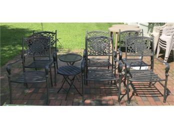 Six Metal Outdoor Arm Chairs & Two Tables