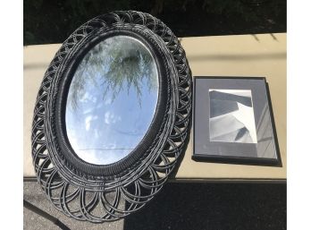 Black Plastic 'Lattice' Mirror And Black & White Framed Print