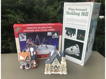 Animated Skating Pond, Village Animated Sledding Hill, Dept. 56 Tassy's Mittens And Dickens Collectibles Church