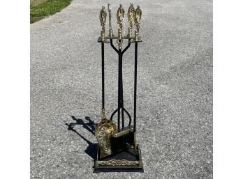 A Set Of Vintage Wrought Iron And Brass Fireplace Tools