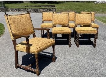 A Set Of 6 Antique Carved Oak Upholstered Dining Chairs