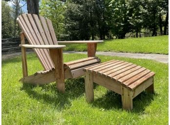 A Vintage Wood Adirondack Chair And Footrest