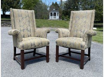 A Pair Of Vintage Upholstered Armchairs In Elaborate Brocade