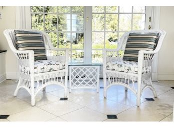 Two Vintage White Resin Chairs And A Glass Top Table