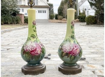 A Pair Of Vintage Painted Milk Glass Lamps