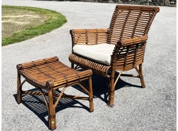 A Wood Slatted Chair And Ottoman By Pottery Barn