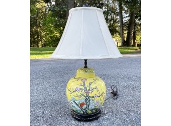 An Asian Ceramic Lamp On Rosewood Base