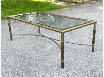 A Gorgeous Vintage Brass Bamboo Form Glass Top Coffee Table