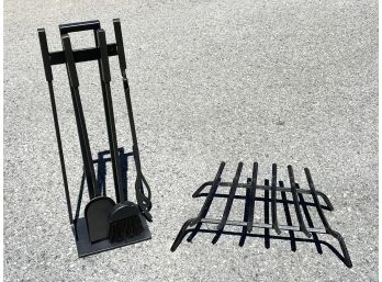 A Set Of Modernist Iron Fireplace Tools And Grate