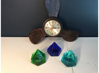 Three Ship's Deck Prisms And A Boat Propeller Clock