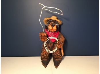Whimsical Carved Wooden Cowboy Bear With Lasso