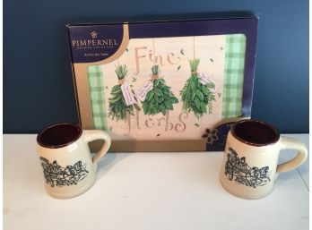 Four Pimpernell Table Art 'Fine Herbs' Placemats And Two Hold Howard Tankard Mugs