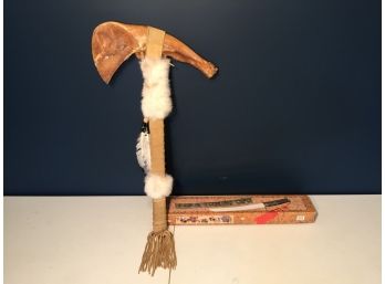 Indian Artifact Jawbone Tomahawk And Chinese Small Ninja Sword