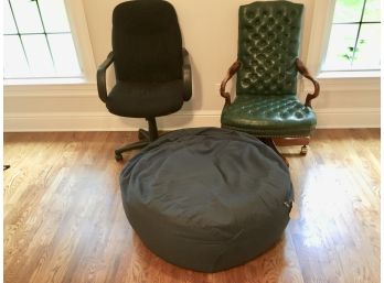 Pair Of Rolling Desk Chairs And A Blue Bean Bag Chair.