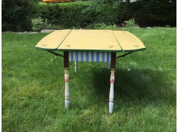 Whimsical Vintage Hand Painted Enameled Tin Top Table With Single Drawer