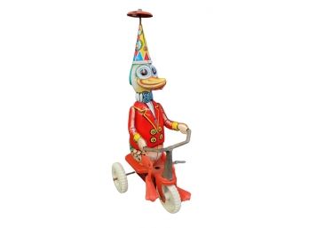 Vintage Duck On Bicycle Tin Litho Mechanical Wind-Up Toy Made In West Germany