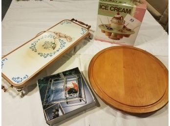 Kitchen Hosting Set - Electric Warmer Tray, Mikasa Crystal Hors D'oeuvres, Lazy Susan, Ice Cream Party Set