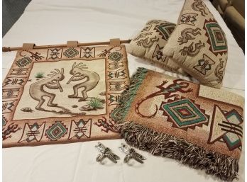 Kokopelli Decor LOT - Wall Hanging With Dragonfly Hooks & Wood Rod, Throw Blanket, 2 Pillows