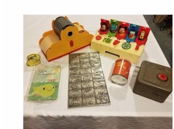 Vintage Toy Lot - Disney, Unopened Canned Puzzle, Japan Plastic Cowboys Indians, Printer Press, Metal Safe