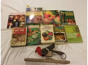 Assorted Gardening Books And Vintage Woodpecker Door Knocker