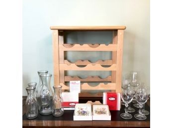 Wooden Wine Rack, Wine Carafes, Wine Glasses & Pimpernel Coasters