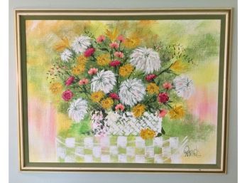 Large Oil On Canvas, Basket Of Flowers, Signed Reynolds