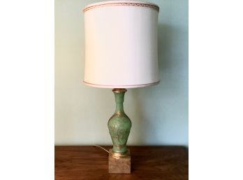 Vintage Etched & Handpainted Green Glass & Metal Table Lamp