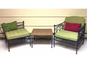 Pair Of Vintage Wrought Iron Patio Chairs & Side Table