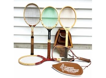 Antique Dayton Flyer, Three Tennis Rackets & One Racquetball