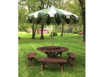 Vintage Red Wood Round Picnic Table With Umbrella