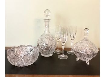 Crystal Decanter, Three Champagne Flutes & Two Candy Dishes
