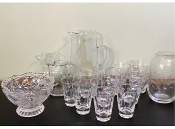 Three Glass Pitchers & Etched Glass Grouping