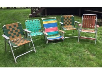 Nine Vintage Outdoor Chairs Includes Four Vintage Aluminum Webbed Folding Chairs