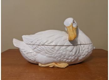 Duck Shaped Soup Tureen With Ladle, Hand Painted, Mid Century Modern