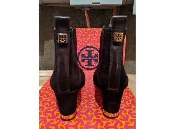 Tory Burch Black Suede With Gold Rimmed Heel, Size 6 & 1/2. In Box, Pristine Condition & A Fabulous Look!!