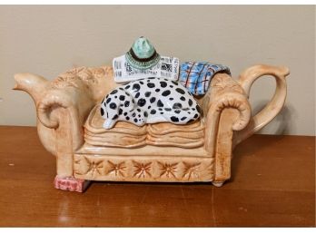 Couch Shaped Ceramic Teapot With Fishing Hat On Top And Dalmation Nestled On Seat, Soo Adorable!!