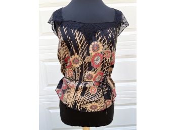 LAUNDRY BY SHELLI SEGAL PATTERNED SILK ASIAN PRINT BLOUSE WITH LACE, SIZE 10, EXCELLENT CONDITION