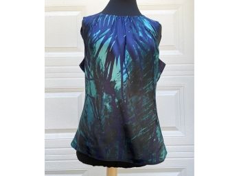 Tahari Women's Blue/green Island Pattern Top,  Satin-like Fabric, Size Large