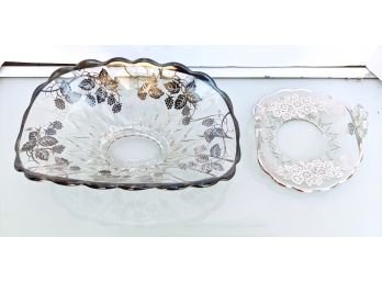 2 Antique Glass Serving Dishes With Delicate Silver Inlaid Floral Designs