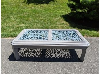 LATTICE DECORATIVE COFFEE TABLE FROM LILIAN AUGUST, HAND STAINED LIGHT GREY & TURQUOISE