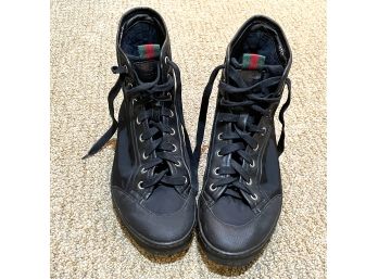 Gucci Black High Top Sneakers, With Signature Green And Red Stripe Tongue, Size 36 1/2 C