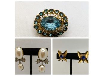 2 Pairs Of Vintage Clip On Earrings & One Vintage Pin