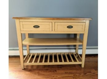 Two Nicely Stained Colors On This Pine Console Table With Two Drawers And Great Extra Shelving