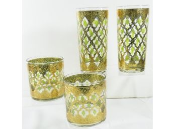 Vintage Set Of 4 Bar Glasses With Gilt - Ornate (2 HIGHBALL GLASSES & 2 ON-THE-rOCKS-gLASSES)