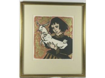 Carol Zaloom Original Linocut, Gold Leaf, Watercolor - Allice Little, 2002