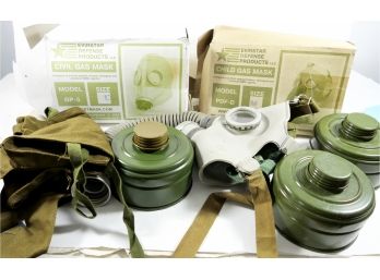 Pair Of Gas Masks - Child's And Adult - NEW In Boxes With Canisters - Evirstar Defense Products