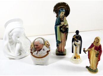 5 Piece Christian Religion Lot Of Statues - Including Pope John Paul II Commemorative In Puerto Rico