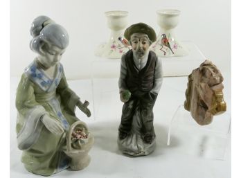 Lot Of Small Ceramics - 2 Statues, Pair Of Candlestick Holders, And A Marble Horsehead