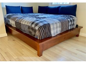 Pottery Barn Hardwood Platform Double Bed With Five Blue Cushioned Removable Hardwood Back Rests