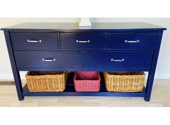 Pottery Barn Kids Five Drawer Dresser With Lower Slatted Open Shelf And Three Wicker Storage Baskets